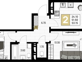 Продается 2-комнатная квартира ЖК На Высоком берегу, 53.15  м², 13819000 рублей