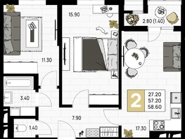 Продается 2-комнатная квартира ЖК На Высоком берегу, 58.6 м², 15529000 рублей