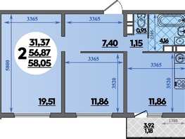 Продается 2-комнатная квартира ЖК Восточный, литера 2, 58.05 м², 8284699 рублей