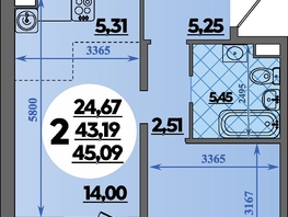 Продается 2-комнатная квартира ЖК Восточный, литера 2, 45.09  м², 6713901 рублей