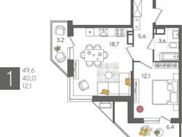 Продается 1-комнатная квартира ЖК Рекорд 2, литера 3, 49.6  м², 11001280 рублей