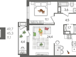 Продается 1-комнатная квартира ЖК Рекорд 2, литера 4, 49.7  м², 10362450 рублей