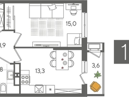 Продается 1-комнатная квартира ЖК Рекорд 2, литера 4, 41.6  м², 9181120 рублей