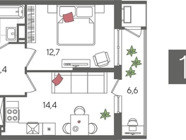 Продается 1-комнатная квартира ЖК Рекорд 2, литера 4, 44.6  м², 10146500 рублей