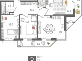 Продается 3-комнатная квартира ЖК Рекорд 2, литера 5, 87.7  м&sup2;, 17513690 рублей