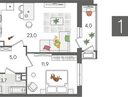 Продается 1-комнатная квартира ЖК Рекорд 2, литера 5, 47.6  м², 9462880 рублей