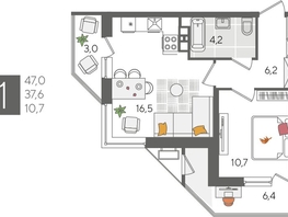 Продается 1-комнатная квартира ЖК Рекорд 2, литера 5, 47  м², 9780700 рублей