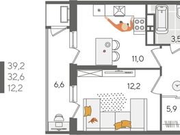 Продается 1-комнатная квартира ЖК Рекорд 2, литера 5, 39.2  м², 9929360 рублей