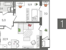 Продается 1-комнатная квартира ЖК Рекорд 2, литера 5, 50.4  м², 10513440 рублей