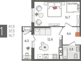 Продается 1-комнатная квартира ЖК Рекорд 2, литера 5, 41.5  м², 8959850 рублей