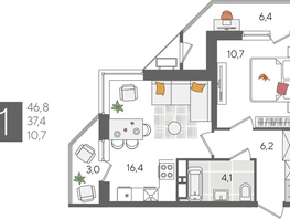 Продается 1-комнатная квартира ЖК Рекорд 2, литера 5, 46.8  м², 9458280 рублей