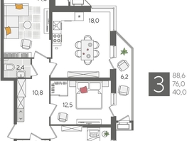 Продается 3-комнатная квартира ЖК Рекорд 2, литера 6, 88.6  м², 16789700 рублей