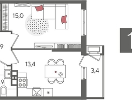 Продается 1-комнатная квартира ЖК Рекорд 2, литера 6, 41.6  м², 8831680 рублей
