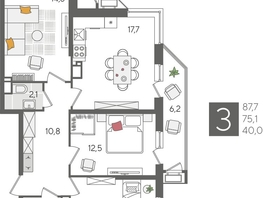 Продается 3-комнатная квартира ЖК Рекорд 2, литера 6, 87.7  м&sup2;, 17934650 рублей