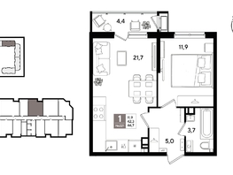 Продается 1-комнатная квартира ЖК Рекорд 2, литера 1, 46.7  м&sup2;, 11114600 рублей