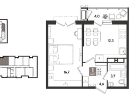 Продается 1-комнатная квартира ЖК Рекорд 2, литера 1, 41.3  м&sup2;, 10539760 рублей