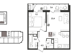 Продается 1-комнатная квартира ЖК Рекорд 2, литера 1, 51.7  м&sup2;, 12335620 рублей