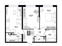 Продается 2-комнатная квартира ЖК DOGMA PARK (Догма парк), лит 13, 60.2 м², 9258760 рублей