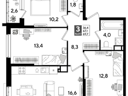 Продается 3-комнатная квартира ЖК DOGMA PARK (Догма парк), литера 16, 69.7  м², 10231960 рублей