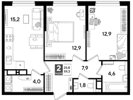 Продается 2-комнатная квартира ЖК DOGMA PARK (Догма парк), литера 16, 59.3  м², 9102550 рублей