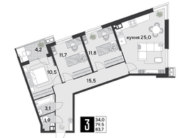 Продается 3-комнатная квартира ЖК Парк Победы 2, литера 21, 83.7  м², 11684520 рублей