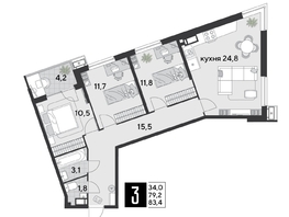Продается 3-комнатная квартира ЖК Парк Победы 2, литера 21, 83.4  м&sup2;, 11892840 рублей