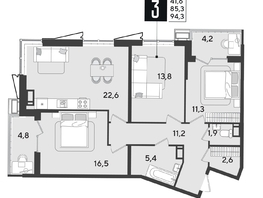 Продается 3-комнатная квартира ЖК Парк Победы 2, литера 21, 94.3  м², 13418890 рублей