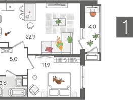 Продается 1-комнатная квартира ЖК Рекорд 2, литера 5, 47.4  м², 9551100 рублей