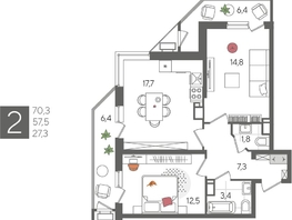 Продается 2-комнатная квартира ЖК Рекорд 2, литера 6, 70.3  м², 14249810 рублей