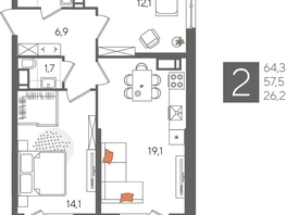 Продается 2-комнатная квартира ЖК Рекорд 2, литера 5, 64.3  м&sup2;, 13708760 рублей