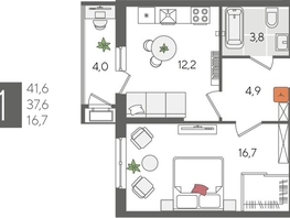 Продается 1-комнатная квартира ЖК Рекорд 2, литера 5, 41.6  м&sup2;, 9592960 рублей
