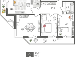 Продается 3-комнатная квартира ЖК Рекорд 2, литера 1, 90.9  м&sup2;, 18907200 рублей