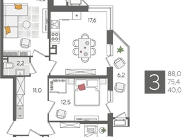 Продается 3-комнатная квартира ЖК Рекорд 2, литера 6, 88  м&sup2;, 17679200 рублей