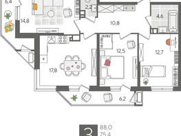 Продается 3-комнатная квартира ЖК Рекорд 2, литера 6, 88  м&sup2;, 17256800 рублей