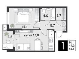 Продается 1-комнатная квартира ЖК Парк Победы 2, литера 21, 48.1  м&sup2;, 8653190 рублей