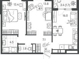 Продается 2-комнатная квартира ЖК Все Свои ВИП, литер 7, 58.5  м&sup2;, 16672500 рублей