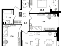 Продается 3-комнатная квартира ЖК ДОГМА ПАРК, литера 16, 70  м&sup2;, 10808000 рублей