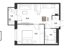 Продается 1-комнатная квартира ЖК ГРЕЙД, литер 14, 36.7  м&sup2;, 6694081 рублей
