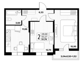 Продается 2-комнатная квартира ЖК Друг, литера 7, 51.79  м&sup2;, 5210000 рублей
