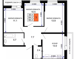 Продается 3-комнатная квартира ЖК «Дыхание», 66.4  м&sup2;, 6110000 рублей