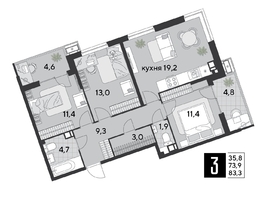 Продается 3-комнатная квартира ЖК Парк Победы 2, литера 19, 83.3  м&sup2;, 12136810 рублей