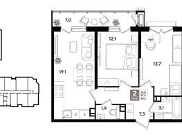 Продается 2-комнатная квартира ЖК Рекорд 2, литера 1, 63.6  м&sup2;, 14379960 рублей