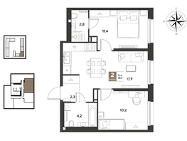 Продается 2-комнатная квартира ЖК ГРЕЙД, литер 13, 48.8  м&sup2;, 8774240 рублей