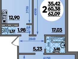 Продается 2-комнатная квартира ЖК Молодежный 2, литера 5, 62.09  м&sup2;, 7804713 рублей