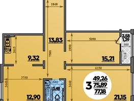 Продается 3-комнатная квартира ЖК Молодежный 2, литера 3, 77.18  м&sup2;, 8630763 рублей