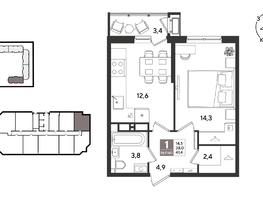 Продается 1-комнатная квартира ЖК Рекорд 2, литера 1, 41.1  м&sup2;, 10686000 рублей