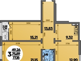 Продается 3-комнатная квартира ЖК Молодежный 2, литера 12, 77.18  м&sup2;, 8475700 рублей