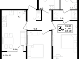 Продается 3-комнатная квартира ЖК Придонье, литер 3.1, 63.4  м&sup2;, 7291000 рублей