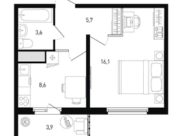 Продается 1-комнатная квартира ЖК 5 элемент Аске, лит 5-12 стр.2, сек.3,4,5,6, 35.1  м&sup2;, 5689675 рублей