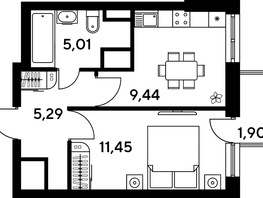 Продается 1-комнатная квартира ЖК Малина Парк, дом 4, 33.73  м², 4279127 рублей